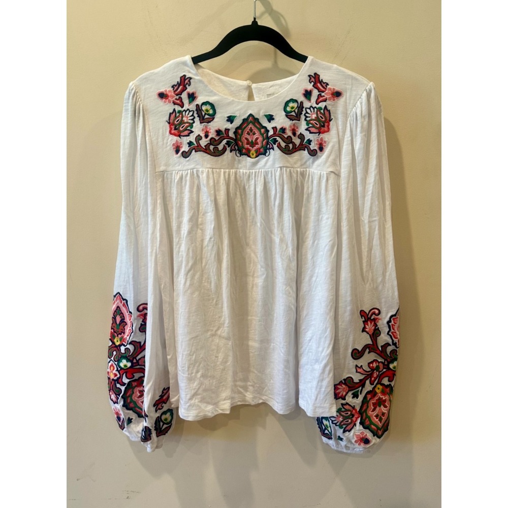 BODEN Floral Embroidered Long-Sleeve Blouse Peasant Top Balloon Sleeves Sz 12